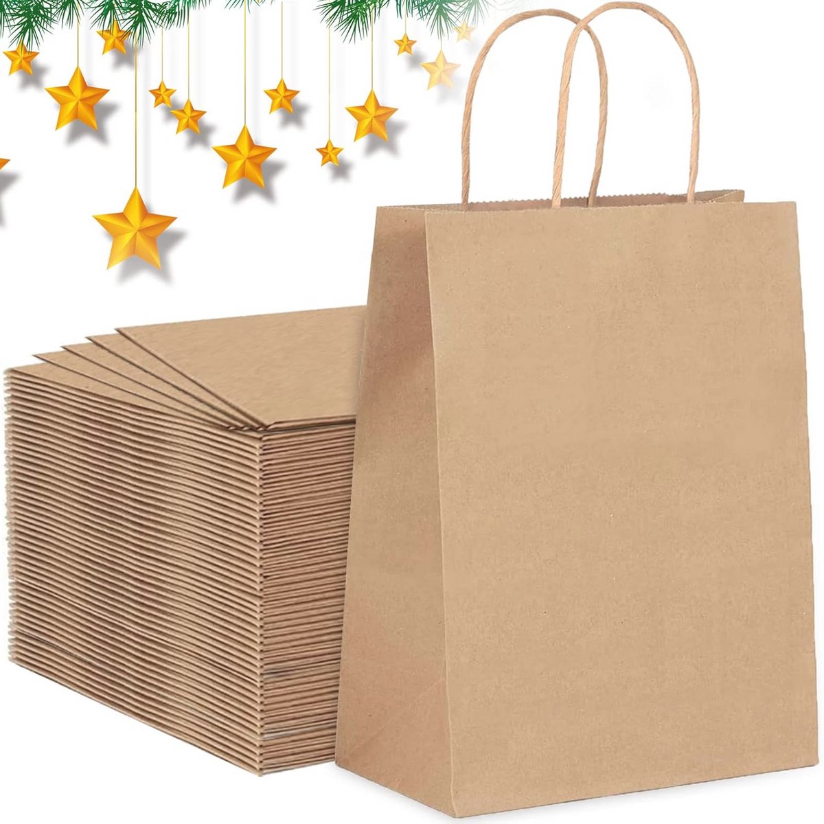 Kraftpapier Cadeauzakjes - 45 Stuks - Herbruikbare Papieren Tassen met Handvat voor Feesten en Cadeaus - 21x15x8 cm - Bruin