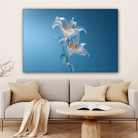 Canvas schilderij 150x100 cm - Exclusieve wanddecoratie Lelies - Blauw - Glazen - Muurdecoratie woonkamer - Slaapkamer decoratie - Kamer accessoires - Schilderijen op canvas
