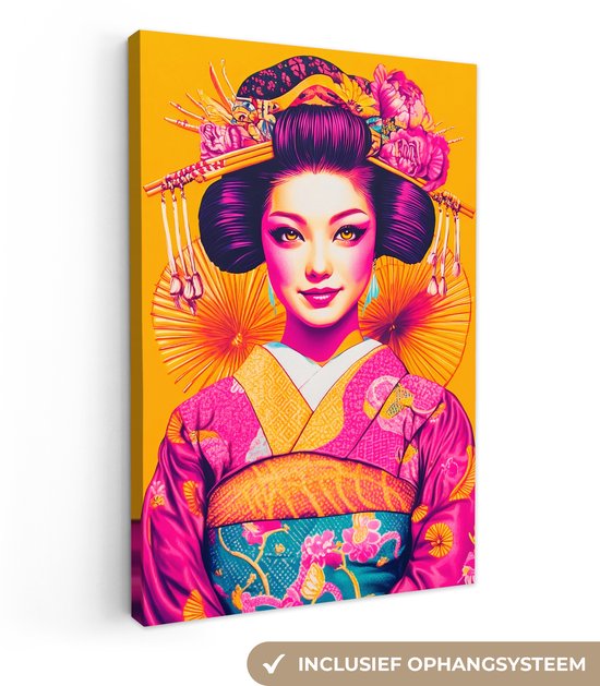 Tableau sur toile 80x120 cm - Décoration murale Fleurs - Femme - Kimono - Rose - Décoration murale salon - Décoration chambre - Accessoires chambre - Peintures sur toile