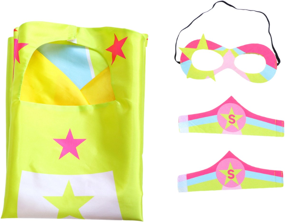 Joya Kids® Verkleedset Meisje | Superheldin Cape Masker Armbanden | Roze, Blauw en Geel met Sterren | Verkleedkleding Kinderen | Carnaval & Rollenspel | Superheld Ster | Verkleedkleding 3-delig | Roze, Blauw en Geel — afbeelding 7