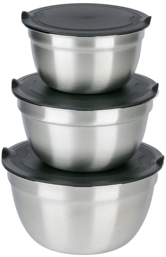 alpina RVS Kommen 3-Delig met Deksel - Slakom Voor Salades - Beslagkom met Deksel - Schalen Voor Mengkom en Bewaren - Snackschaal