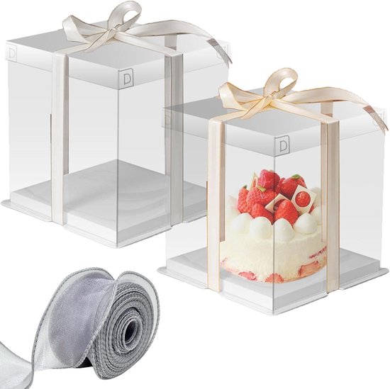 2 stuks transparante taartdoosjes 30 x 30 x 25 cm taartdozen met taartdeksel taartdoos taarttransportbox taartdoos met sokkel en lint en