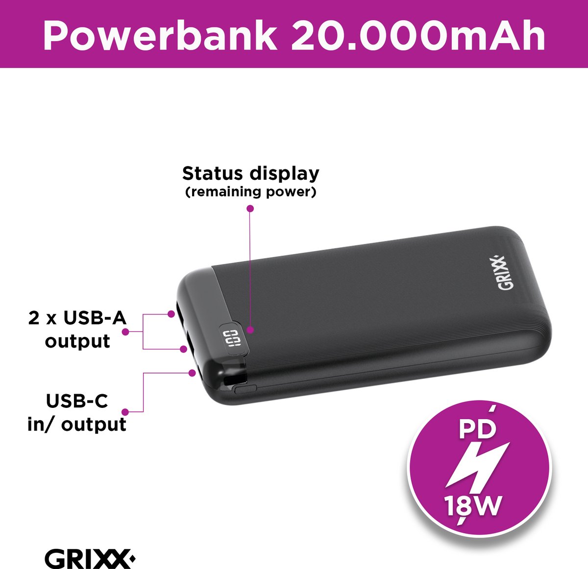 Grixx Powerbank 20000 mAh Power met USB-A & USB-C - afbeelding 3
