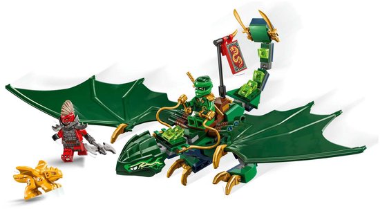 Een grote groene LEGO draak met groene ninjapopper erop, een rode ninjapopper en een gele draak ernaast.