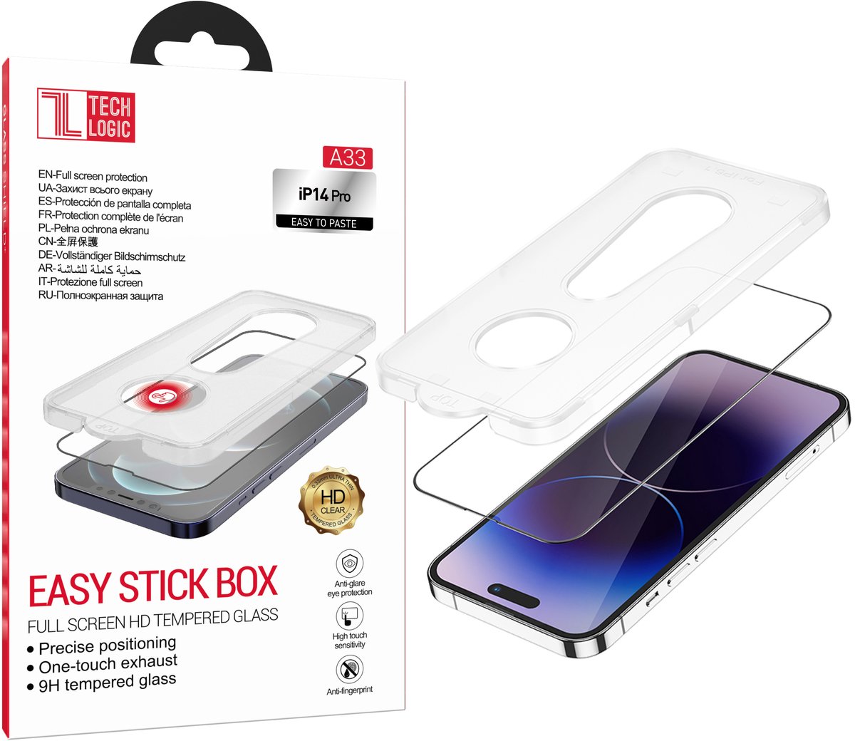 Tech Logic Glazen Screenprotector & Applicator Geschikt voor iPhone 14 Pro - Volledig Dekkend - Inclusief Herbruikbare Installatietray voor Eenvoudige Plaatsing