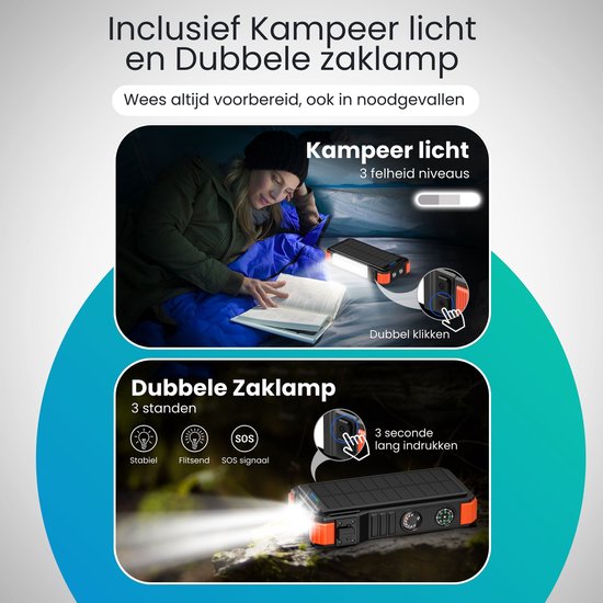 Zwarte en oranje powerbank met ingebouwde kampvuur- en dubbele zaklamp, gebruikt in tent en buiten bij duisternis.
