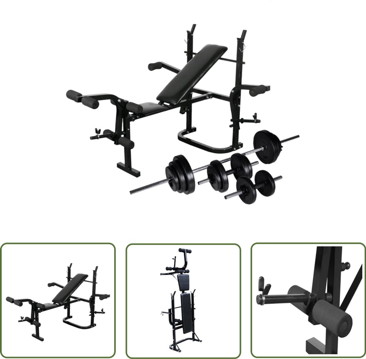 The Living Store Gewichtenbank met Halterset - 30.5 kg - Verstelbare rugleuning - Inklapbaar - Veiligheidsbeugels - Robuuste polyethyleen behuizing - Inclusief accessoires
