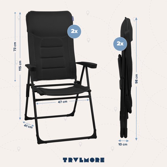 Afmetingen van zwarte campingstoel: 115 cm hoog, 47 cm zitting, 41 cm breed, 73 cm rugleuning, 98 cm opgevouwen.