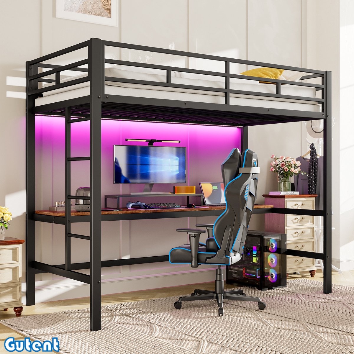 Gutent Hoogslaper(Geen stoelen)-90*200 cm-Met reling en trap-Bureau met USB en stopcontact-Lichtlijst-Conforming-Geen matras-Metaal-Zwart