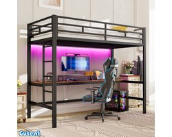 Gutent Hoogslaper(Geen stoelen)-90*200 cm-Met reling en trap-Bureau met USB en stopcontact-Lichtlijst-Conforming-Geen matras-Metaal-Zwart