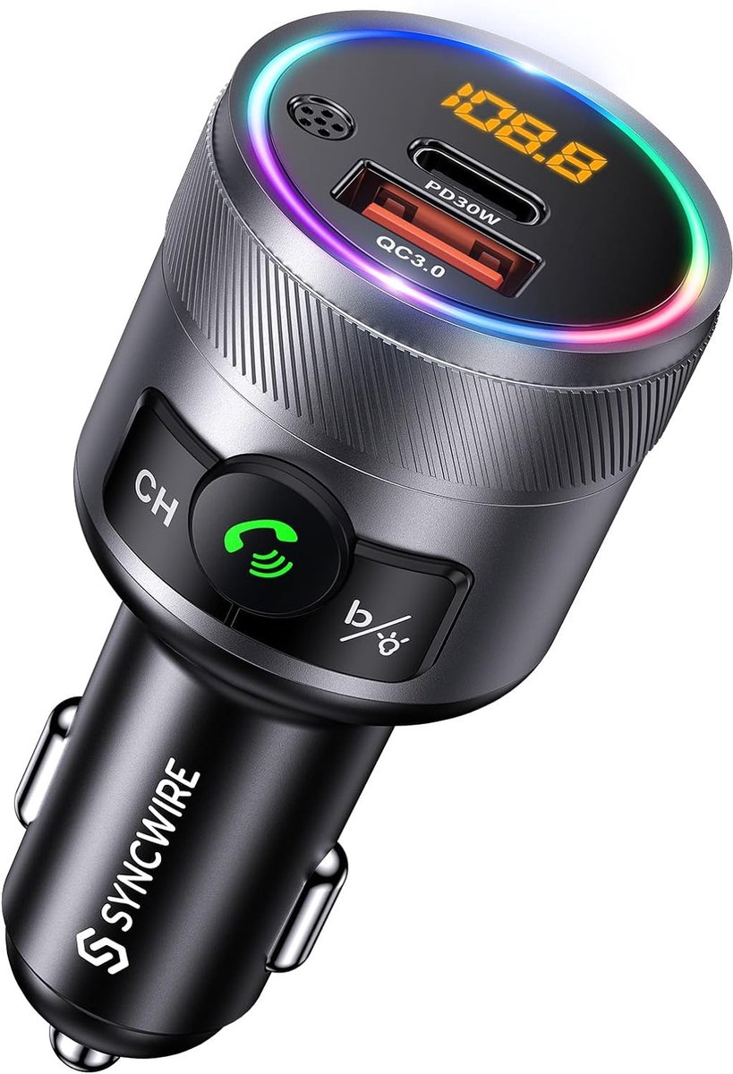 Bluetooth 5.3 FM-Zender voor Auto met Snelladen, Draadloze Audio-adapter en Handsfree Bellen