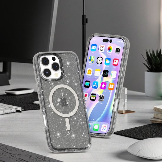 Coque IYUPP pour iPhone 16, Glitter MagSafe, antichoc, Zwart et transparente