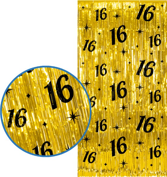 BTH - 16 Jaar Feestgordijn - Goud & Zwart 2x1 m - Folie Backdrop - Verjaardag Versiering - Feestversiering - Sweet 16