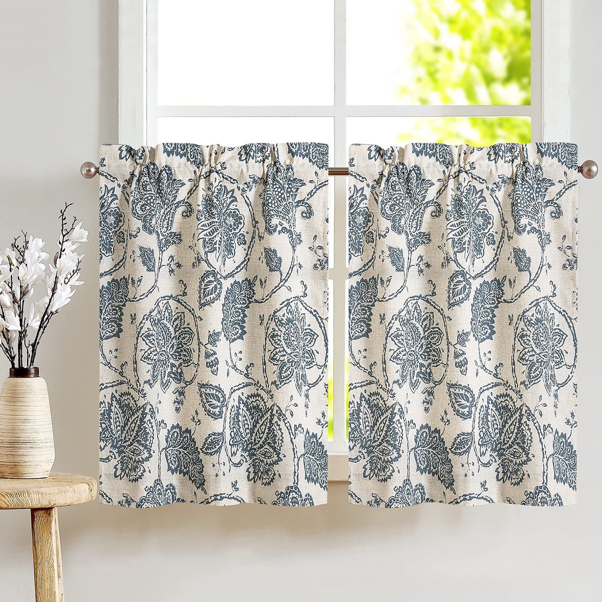 Ibenzoa Geraffineerde Bloemenprint Vitrage Gordijnen voor Landelijke Interieurs - Set van 2, Blauw op Beige, 65x90 cm Bloemen | Blauw