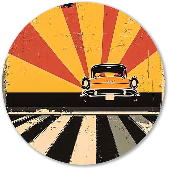 Retro auto met stralende zon - Auto wandcirkel - Rond wandpaneel voertuig - Pop Art - Dibond muurcirkel op maat - Retro schilderij - muurcirkel aluminium 60x60 cm