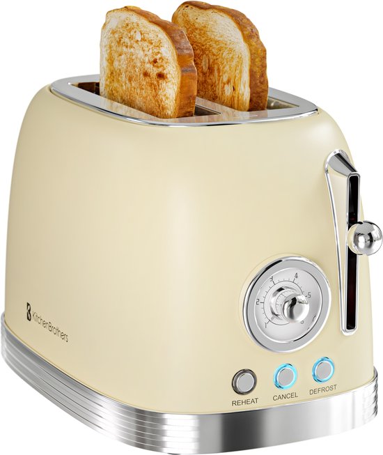 KitchenBrothers Retro Broodrooster - Toaster - 6 Warmteniveaus - 2 Extra Brede Sleuven - 815W - Beige