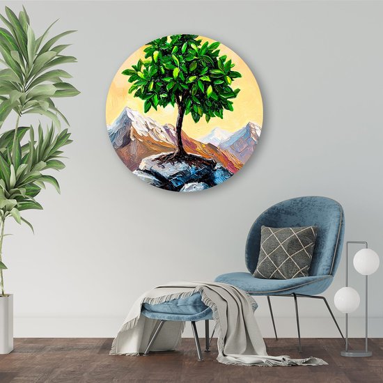 Boom en bergen op - Boom wandcirkel - Wandschalen planten - Expressionisme - Industriële muurcirkel aluminium - Muurdecoratie slaapkamer - muurcirkel aluminium 60x60 cm
