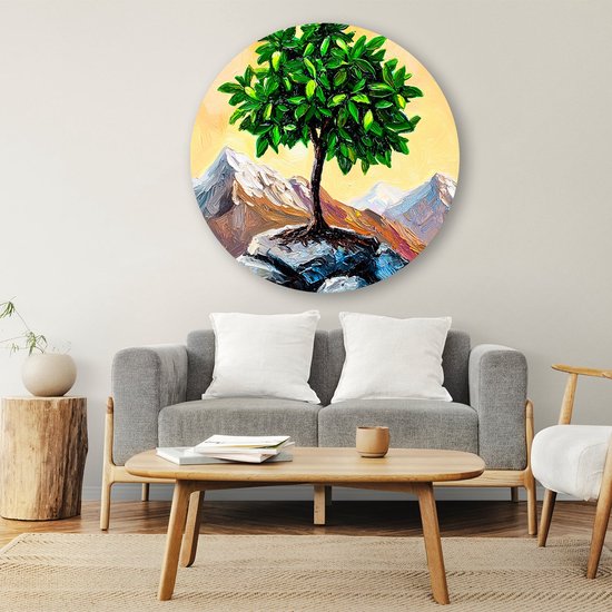 Boom en bergen op - Boom wandcirkel - Wandschalen planten - Expressionisme - Industriële muurcirkel aluminium - Muurdecoratie slaapkamer - muurcirkel aluminium 60x60 cm
