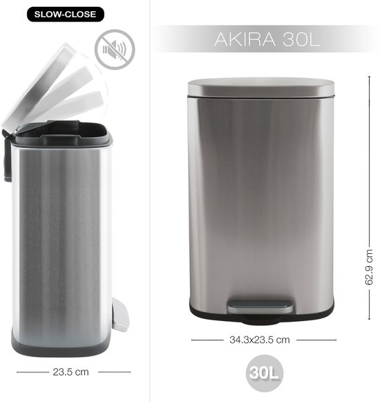 RVS pedaalemmer 'AKIRA 30L' met 'SLOW-CLOSE' functie en afmetingen.