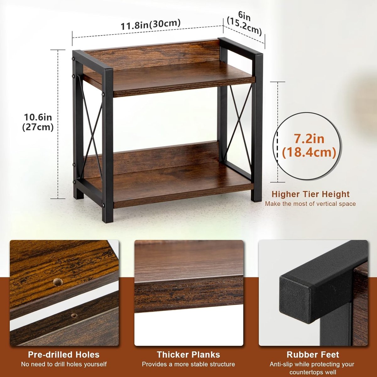 Koffiestation, 2 Tier Multifunctionele Koffiestation Organizer, Hout & Iron Keuken Counter Plank Kruiderij Opslag voor Home Bar, Bruin, Organizer
