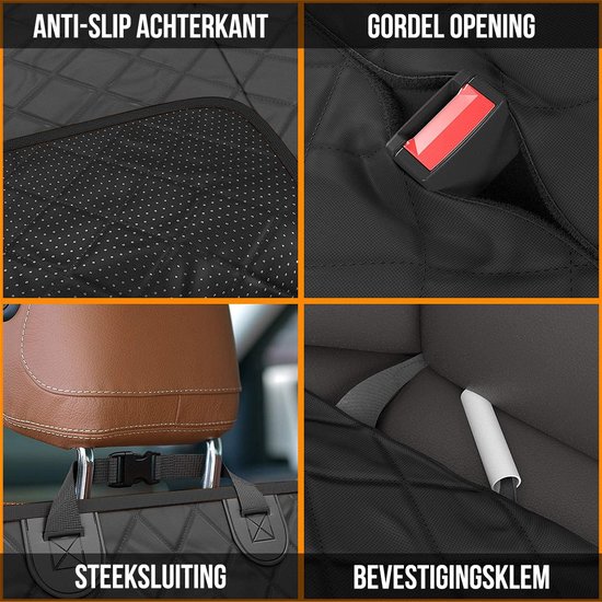 Details van de zwarte autodeken: anti-slip achterkant, gordelopening, steeksluiting en bevestigingsklem.