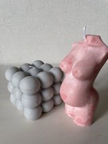 Kaarsen - decoratieve kaarsen SET van 2 - bubbel bubble bollen kubus grijs - zwanger lichaam vrouw roze - babyshower cadeau