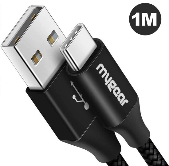 MyGear - USB-C Data- en Laadkabel - Fast & Quick Charge Oplaadkabel - 2.4A Snellader Kabel - Oplaadsnoer Telefoon - Laptop - Samsung Galaxy & Note - OnePlus - Sony - Gevlochten Nylon - Zwart - 1 Meter