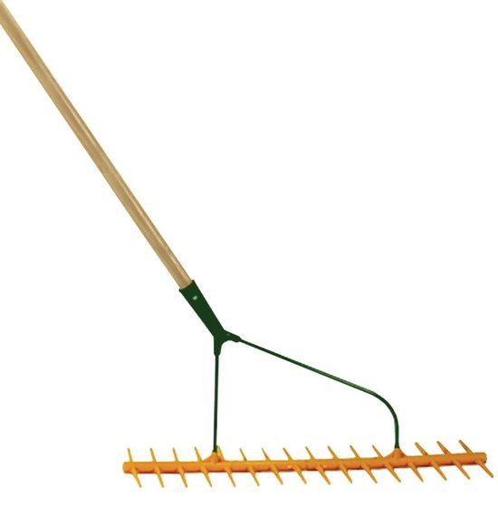 Tuinhark met oranje kunststof tanden, groene metalen houder en lange houten steel.