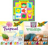 Pakket 3 soorten VOUWBLAADJES MET PRINT Tropical/Wildlife/20x20  - Vouwblaadjes kinderen – Gekleurd papier – Origami papier – Knutselkarton