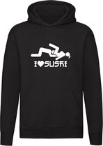 I Love Sushi | Unisex | Trui | Sweater | Hoodie | Capuchon | Zwart | Vis | Eten | Foreplay | Roleplay | Kink | Fetisj | Plezier | Partner | Valentijnsdag