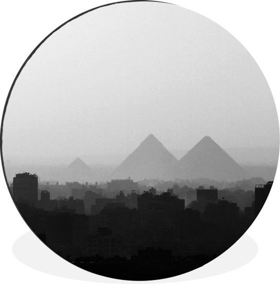 WallCircle - Wandcirkel - Muurcirkel - Piramides achter Caïro in zwart-wit - Aluminium - Dibond - ⌀ 30 cm - Binnen en Buiten