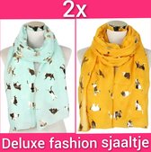 Kattenhebbedingen - 2x Fashion sjaaltje met kattenprint deluxe - Kat - Poes - Groen/blauw - Geel