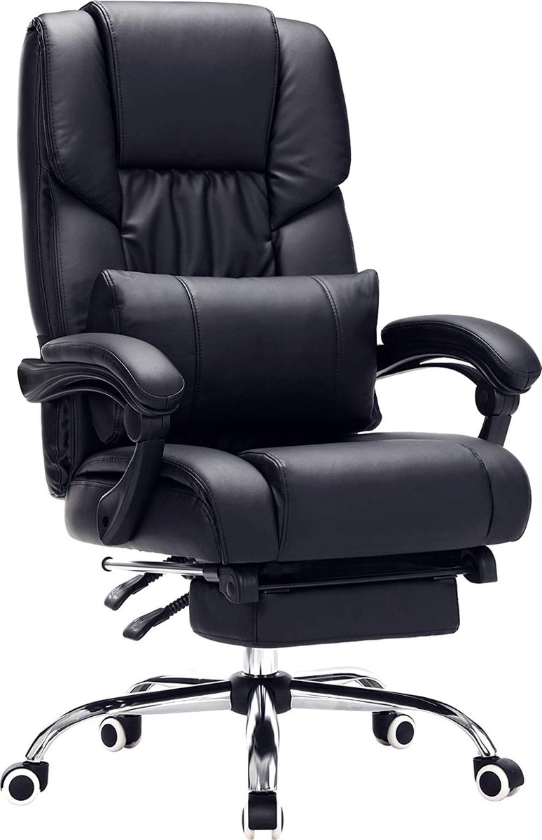 NaSK - Bureaustoel met voetensteun en lendenkussen, imitatieleer, zwart, 67 x 66 x 116 cm