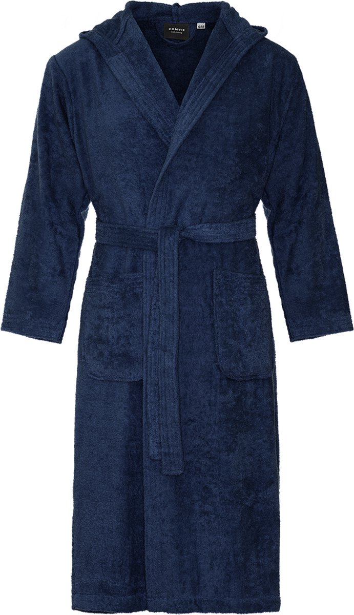 Badstof badjas met capuchon – lang model – unisex – badjas dames – badjas heren – sauna badjas –donker blauw – S/M