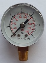 K&W Manometer 50 mm diameter 0-12 bar met 1/4"  onder aansluiting geschikt voor luchtdruk