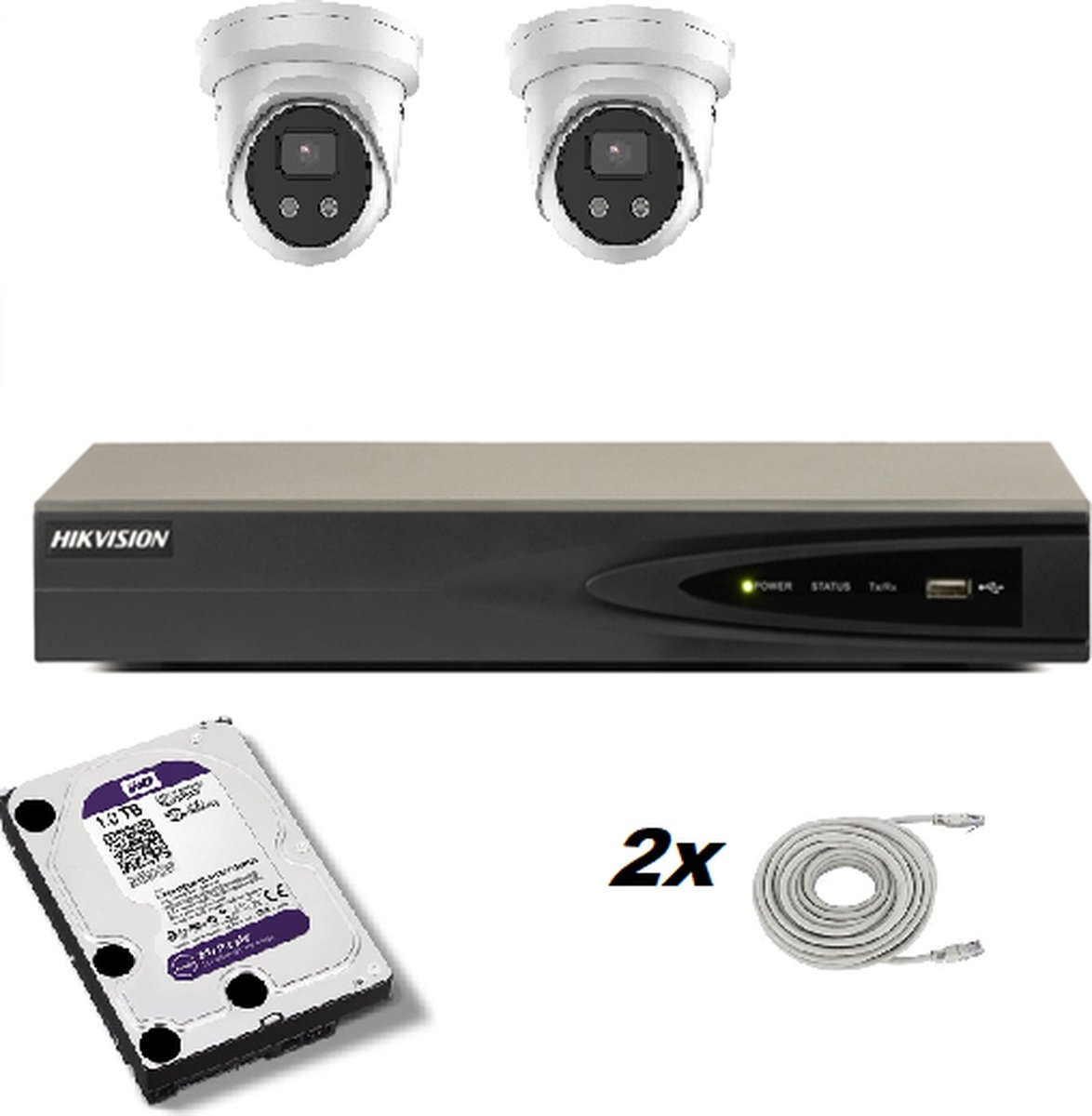 Hikvision set met 2 x Hikvision DS-2CD2386G2-I 8mp 2.8mm AcuSense vaste turretcamera,1 x 4 kanaals DS-7604NI-K1/4P recorder, 1 x HD van 1 TB