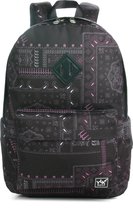 YLX Finch rugzak. Zwart met paars / geo paisley print. Recyceld Rpet materiaal. Gerecyclede plastic flessen - Eco friendly. Volwassenen - tieners - middelbare scholieren - jongens - meisjes. 14" laptop sleeve. Backpack - schooltas - rugzak