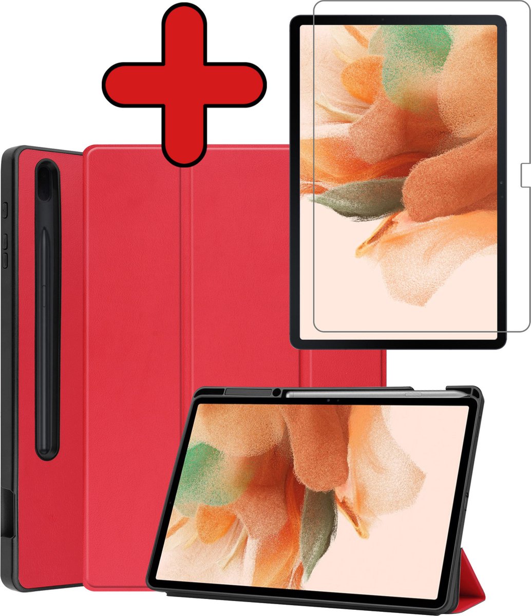 Hoesje - Geschikt voor Samsung Galaxy Tab S7 FE - Met Screenprotector - Trifold Bookcase Hoes - Hard Cover Case - Met Uitsparing Geschikt voor S Pen - Hardcover Book - Tablethoes - Rood