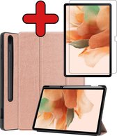 Hoes Geschikt voor Samsung Galaxy Tab S7 FE Hoes Book Case Hoesje Trifold Cover Met Uitsparing Geschikt voor S Pen Met Screenprotector - Hoesje Geschikt voor Samsung Tab S7 FE Hoesje Bookcase - Rosé goud