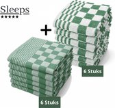 Sleeps® Horeca Kwaliteit Katoenen Keukendoeken & Theedoeken set - 6x Theedoeken + 6x Keukendoeken - Groen Wit -