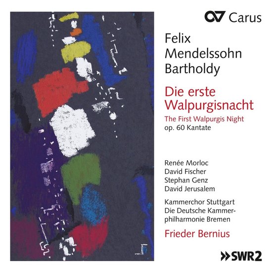 Abstracte pastelkunst met vlekken rood, wit, groen en blauw. Felix Mendelssohn Bartholdy.