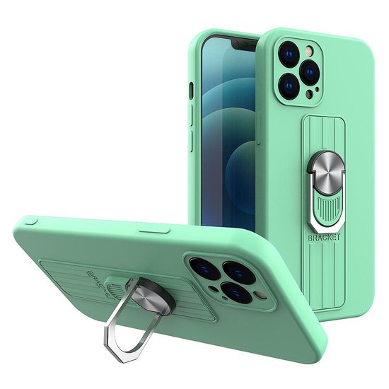 Ring Case siliconen hoesje met vingergreep en standaard Geschikt voor iPhone 13 Pro mint