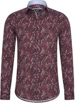 Heren overhemd Lange mouwen - MarshallDenim - bloemenprint bordeaux rood - Slim fit met stretch - maat M