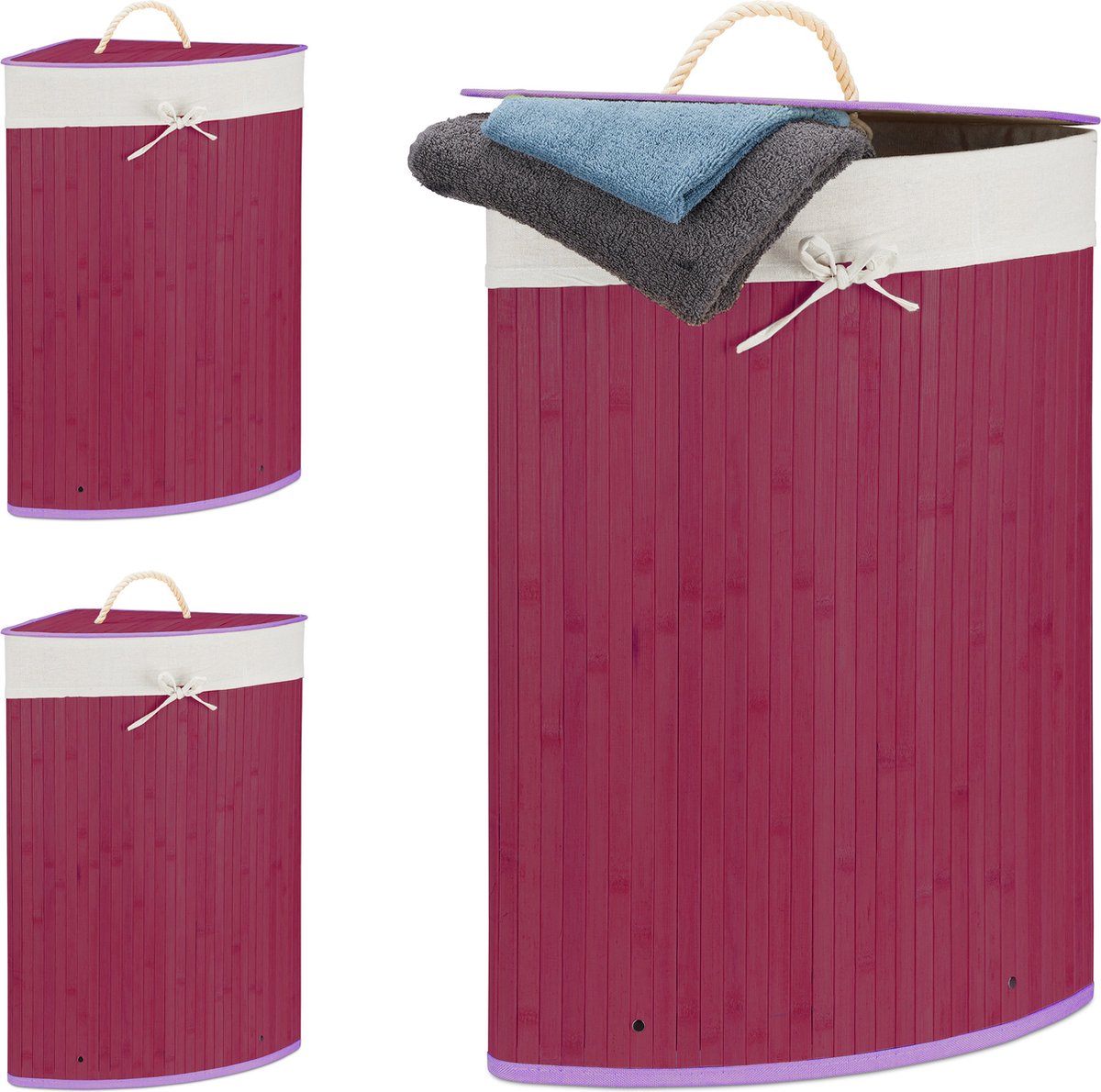 Goedkoopste 3x wasmand hoekmodel bamboe - 60 liter - deksel - wasbox - driehoekig - paars