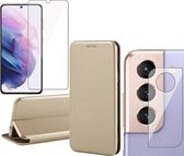 Samsung Galaxy S22 Ultra Hoesje - Book Case Lederen Wallet Cover Minimalistisch Pasjeshouder Hoes Goud - PET Glasfolie Screenprotector - Camera Lens Tempered Glass Protector