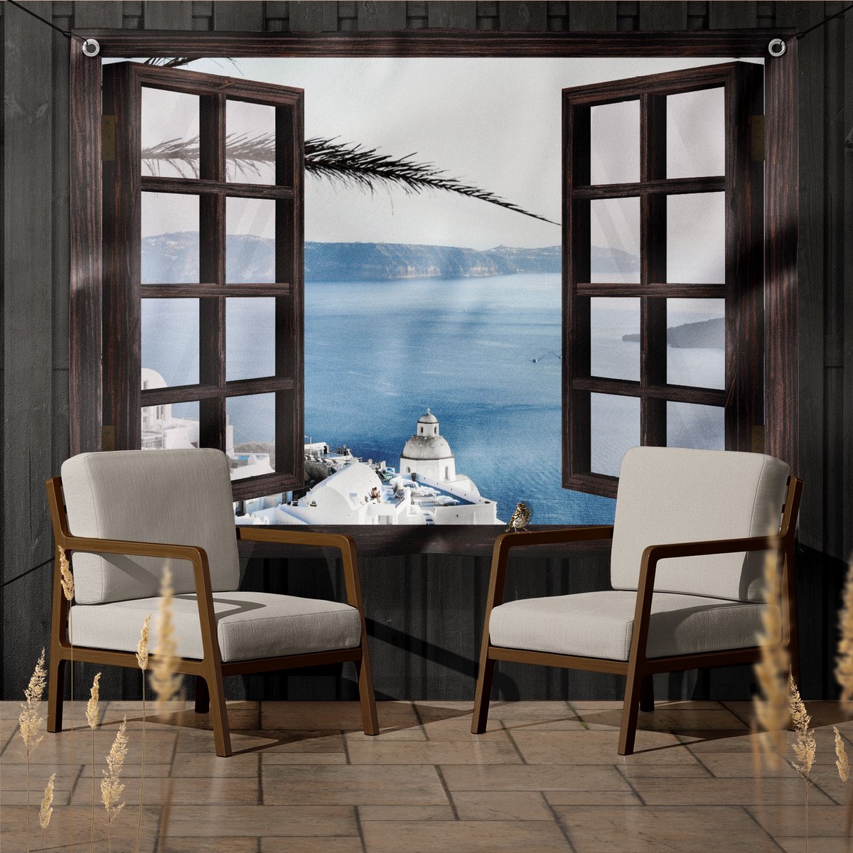 Tuindoek doorkijk door openslaand venster naar een baai in Griekenland- 130x95 cm - tuinposter - tuinposter doorkijkje – Doorkijk tuinposter - tuinposter doorkijk xxl – Balkondoek - Tuinposter buiten strand, zee, bergen