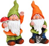 Gnome - Nain de jardin - Décoration de jardin - Set de 2 nains de jardin joyeux avec champignon et pelle suspendue