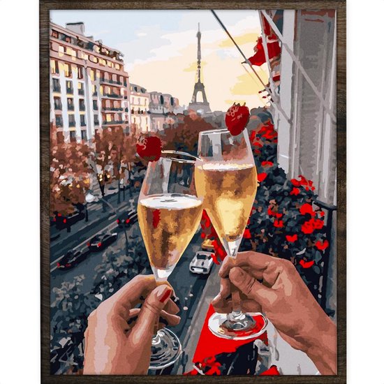 Peinture diamant 'Champagne à Paris', 50x40cm, avec deux verres de champagne sur un balcon avec la Tour Eiffel.