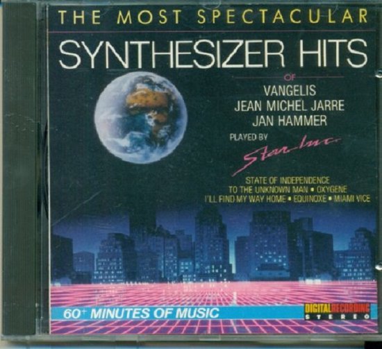 CD-hoes met de titel 'THE MOST SPECTACULAR SYNTHESIZER HITS', met een afbeelding van een stad bij nacht en een wereldbol.