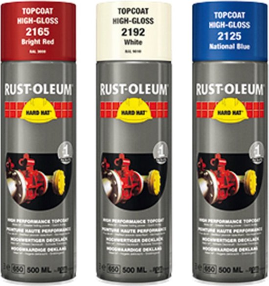 Drie spuitbussen RUST-OLEUM HARD HAT: rood, wit en blauw.